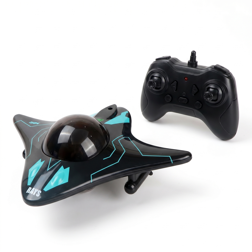 AquaSpy RC submarine in Stealth Black with its remote controller on a white background