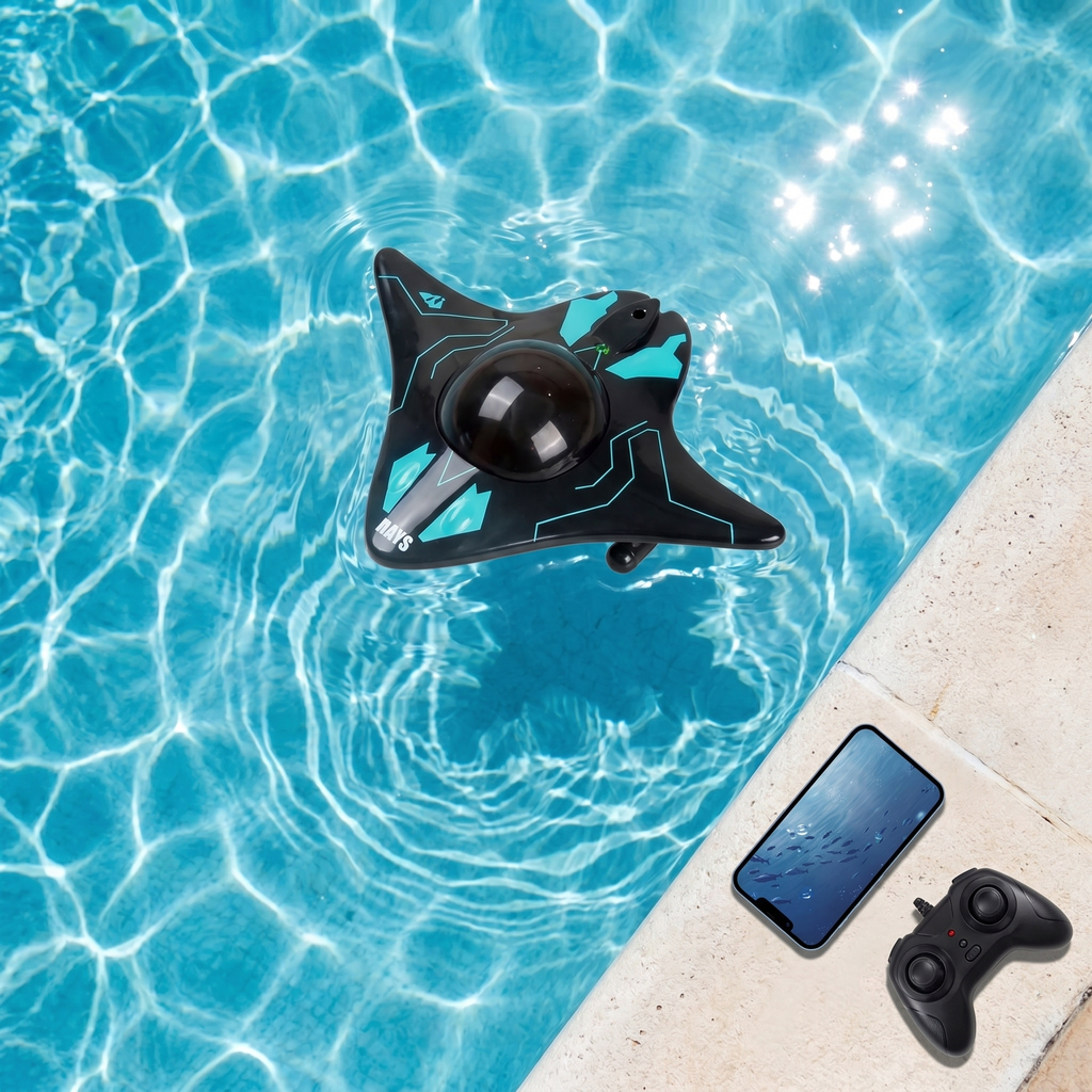 AquaSpy RC submarine floating in a pool seen from above, with phone and remote controller on the poolside