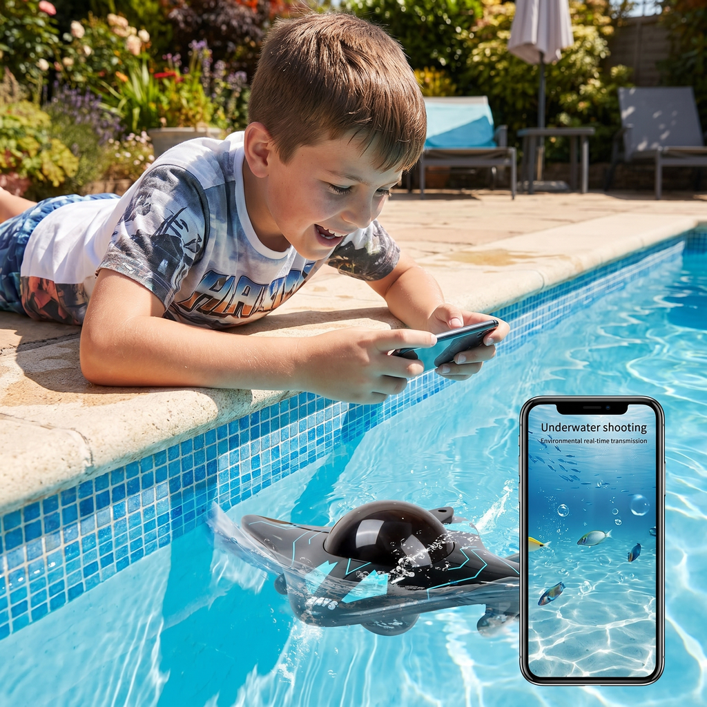 Boy lying at the pool edge watching the AquaSpy submarine feed on a phone