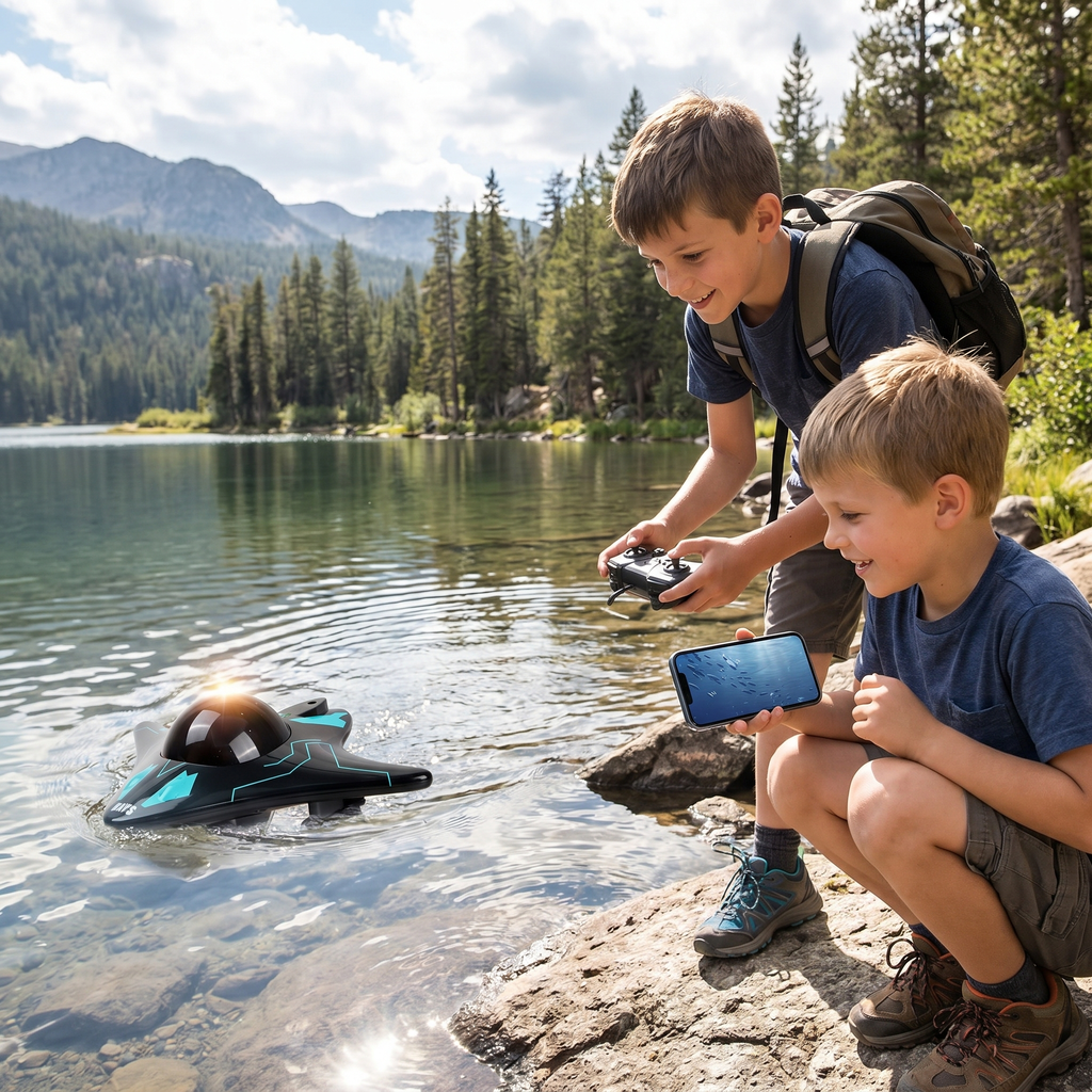 Two kids at a lake shore driving the AquaSpy submarine with the remote controller and a phone