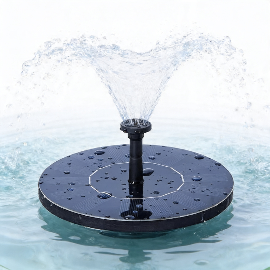 Close-up of the round SplashJet solar disc floating and spraying water upward