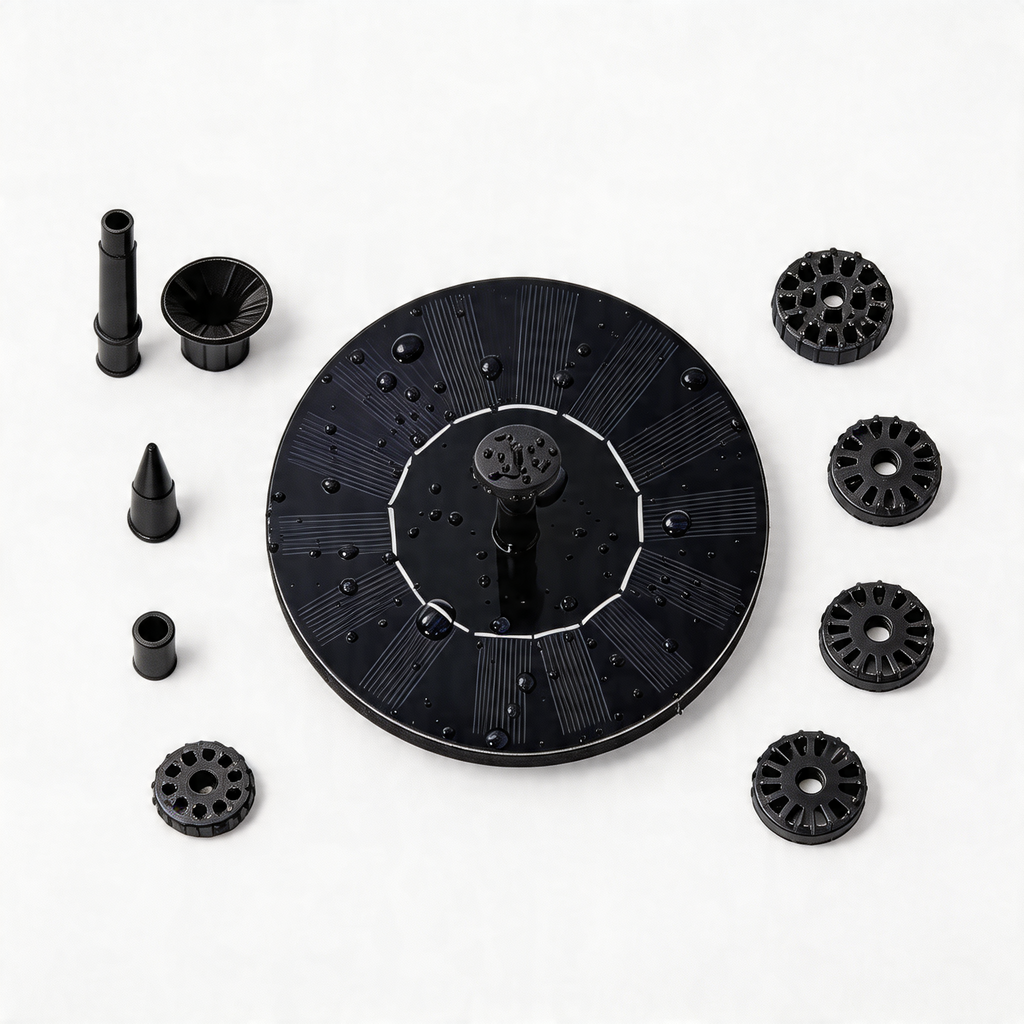 Flat lay of the SplashJet solar fountain disc surrounded by nozzle attachments on a white background