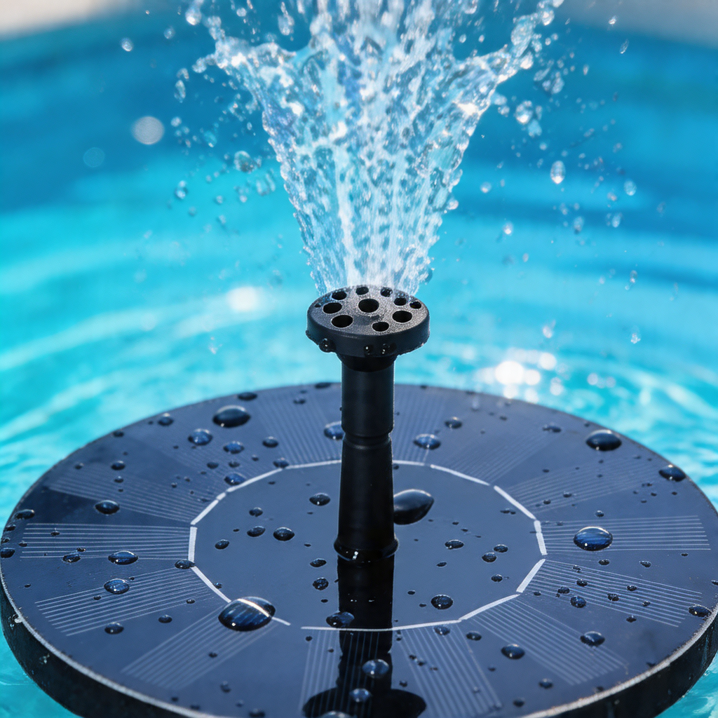 Close-up of the SplashJet fountain nozzle spraying jets of water over bright blue pool water