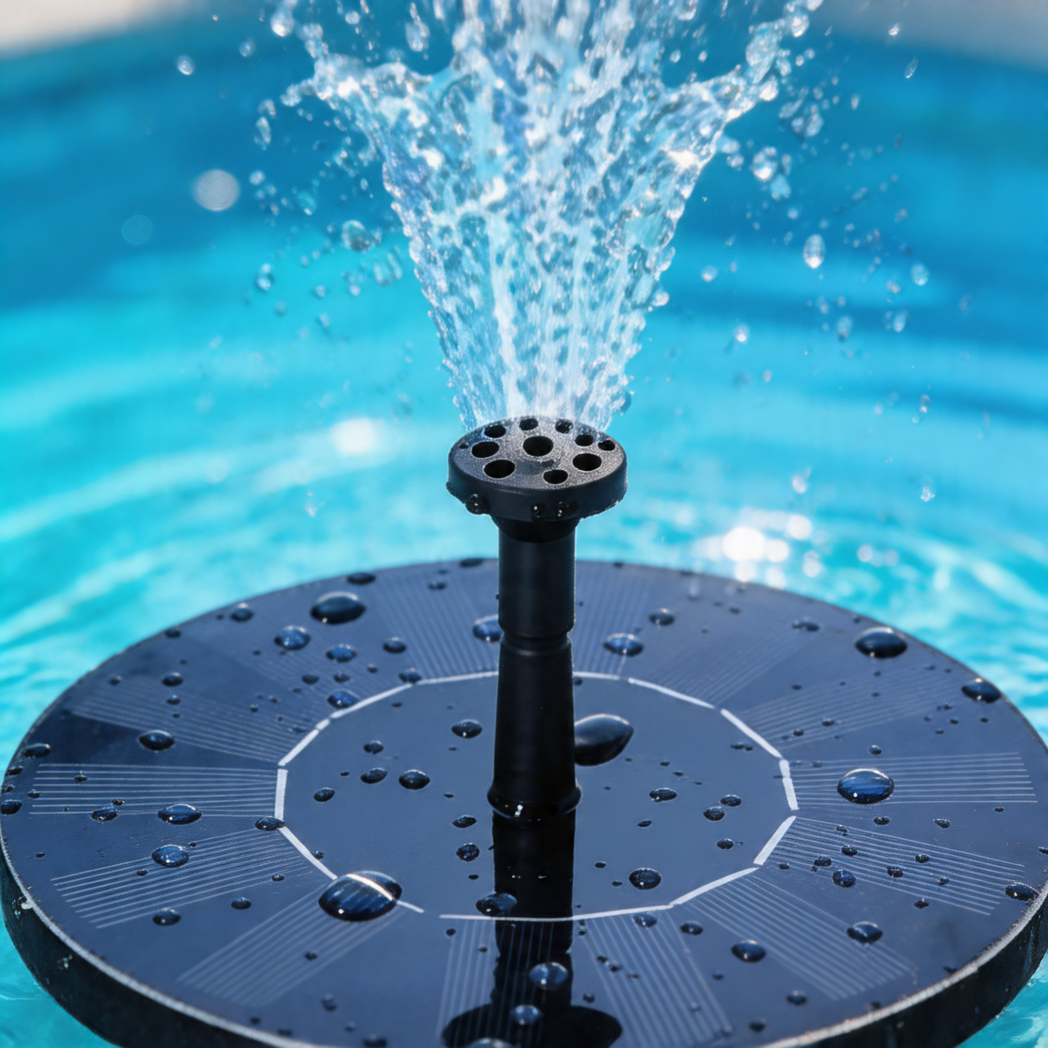 Close-up of the SplashJet fountain nozzle spraying jets of water over bright blue pool water