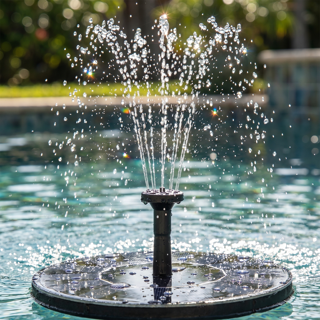 SplashJet solar fountain sending up a sparkling spray in a sunlit garden pool