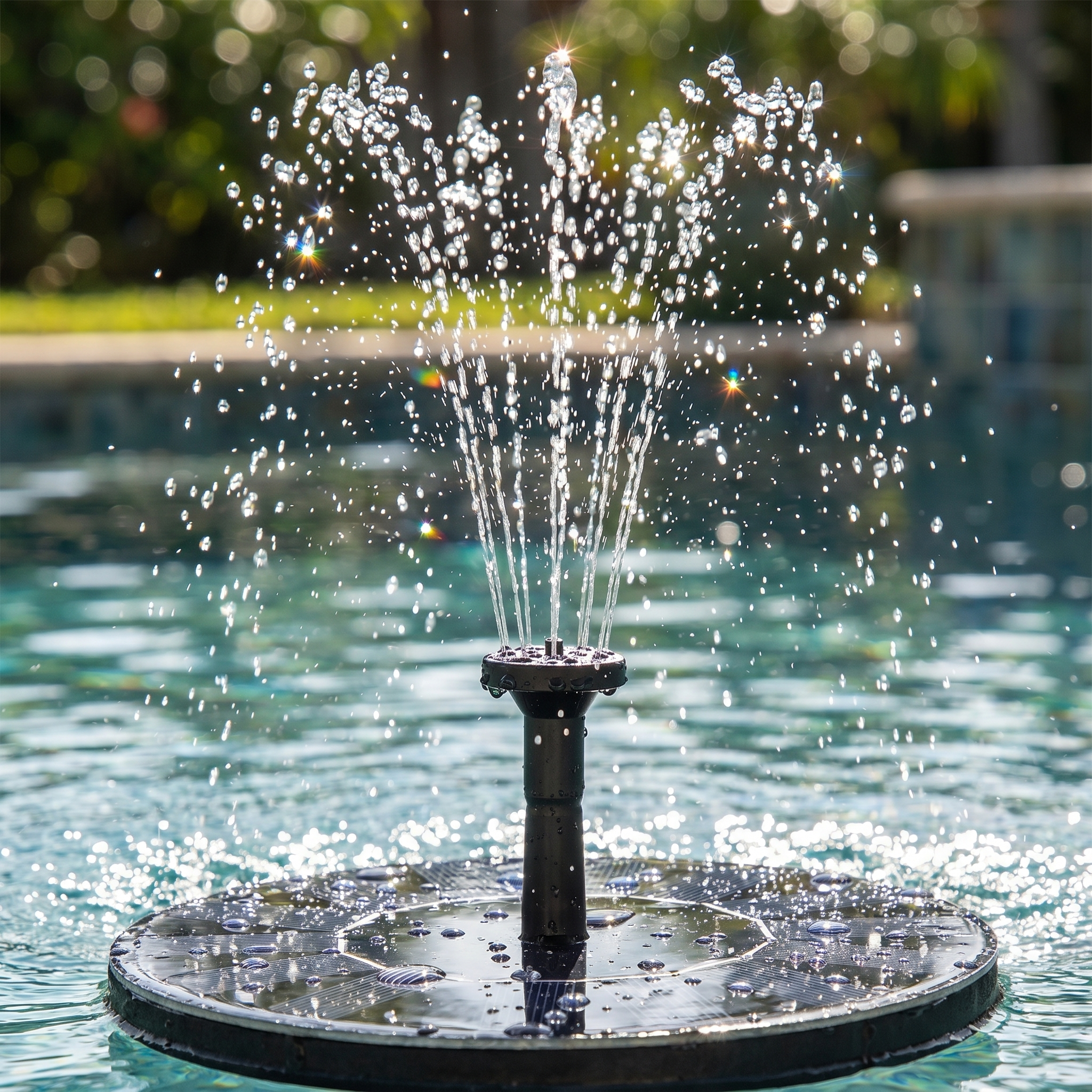 SplashJet solar fountain sending up a sparkling spray in a sunlit garden pool