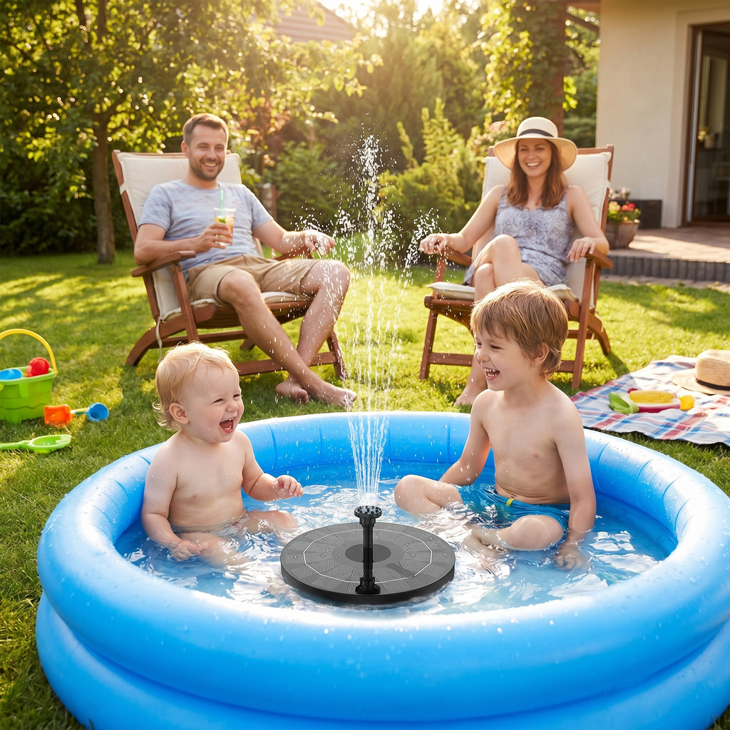 Family in the garden watching two kids play in a paddling pool with the SplashJet fountain