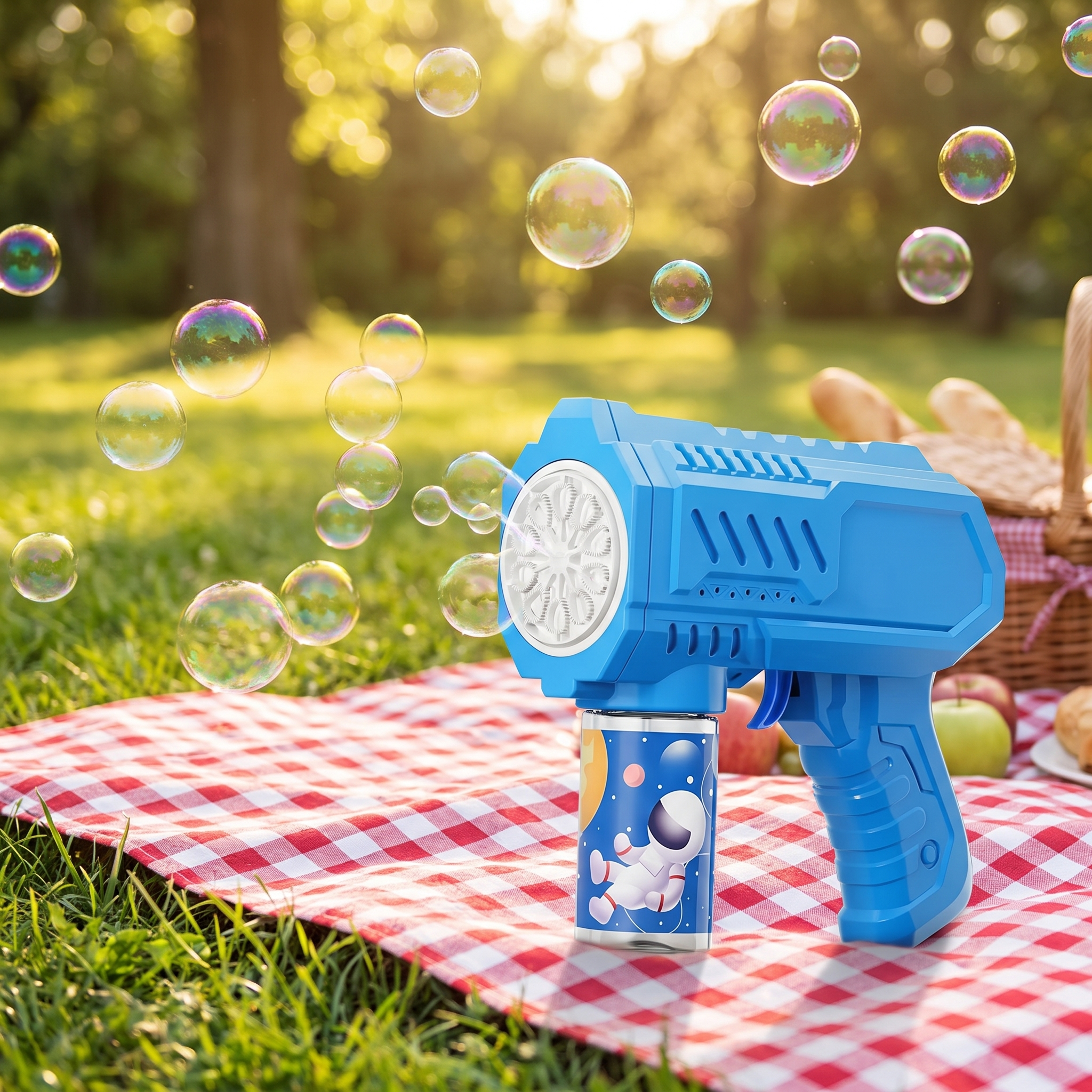 Pink electric bubble gun resting on a picnic blanket in a park with bubbles drifting past