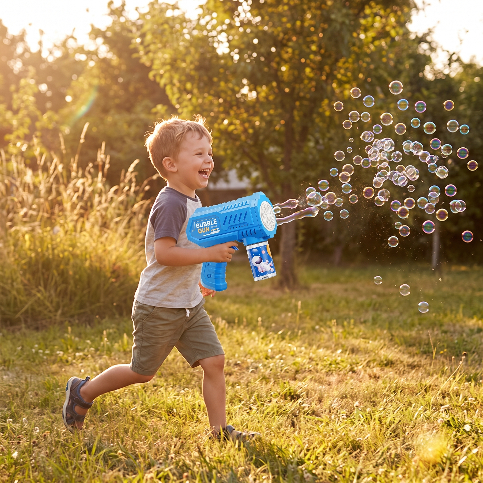 Boy running across a backyard at golden hour with a blue bubble gun streaming bubbles behind him