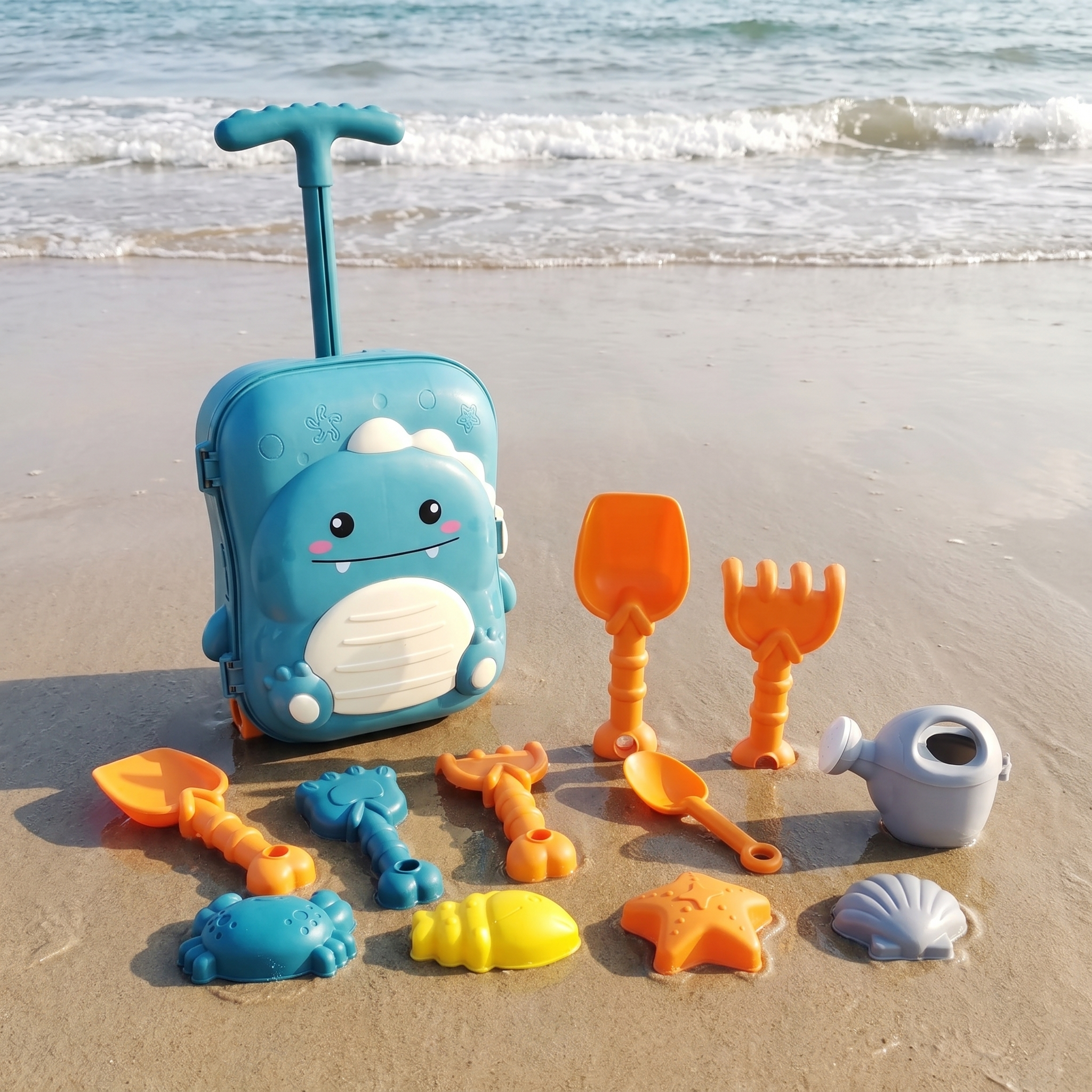 Kids dinosaur rolling suitcase beach set standing upright on wet sand with sand toys, ocean waves behind