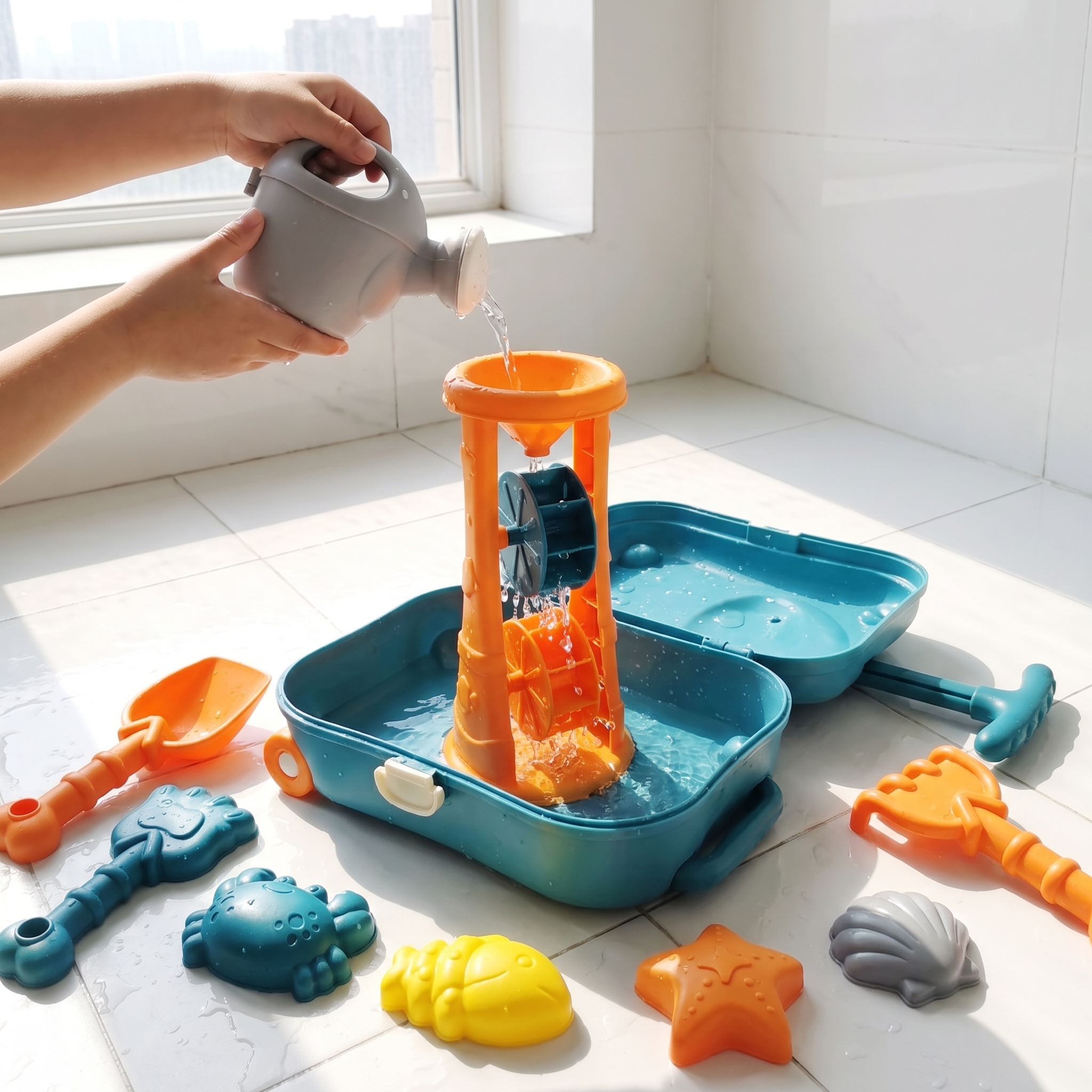 Child pouring water through the water-wheel tower into the open kids suitcase beach set in a bright bathroom
