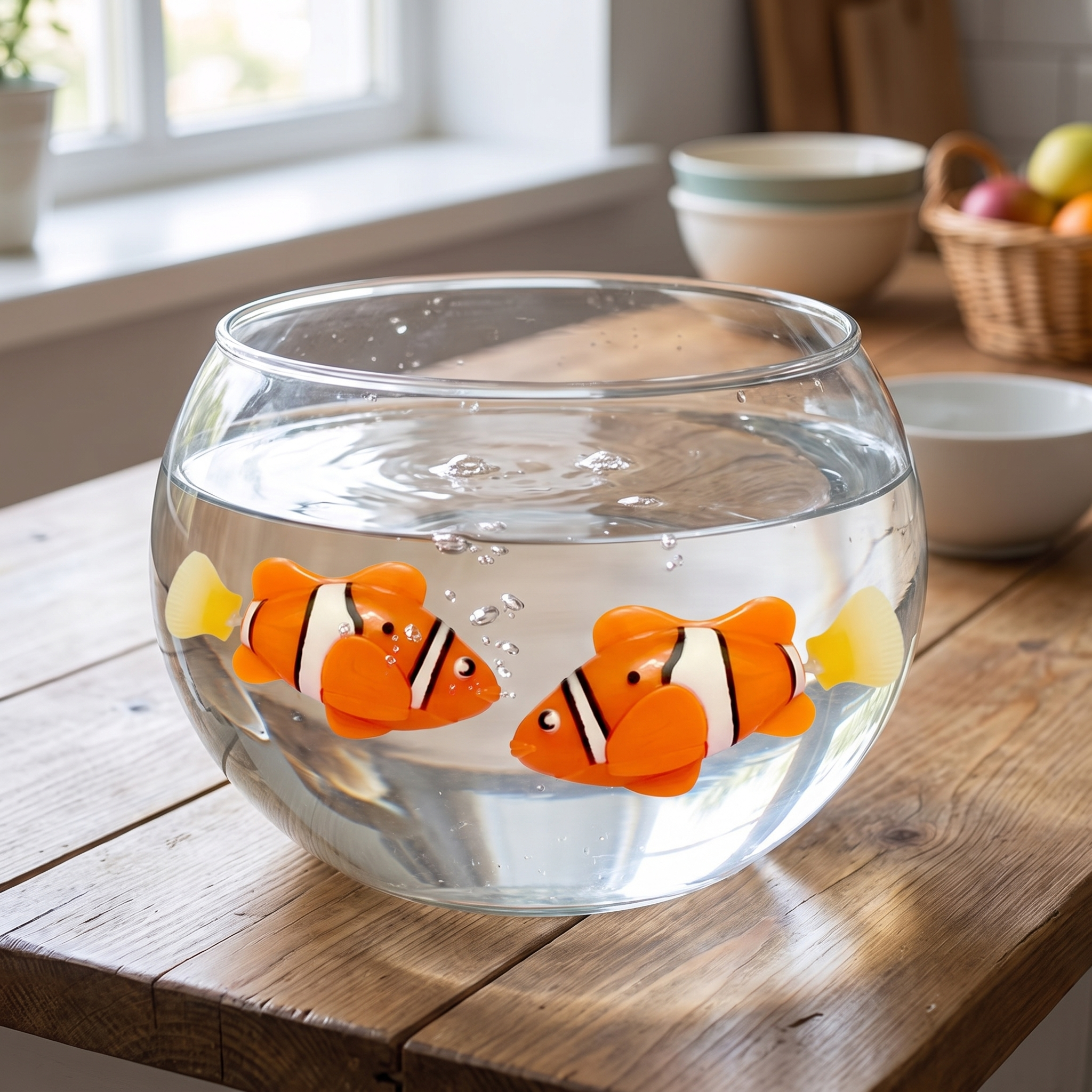 Two orange clownfish robotic swimming fish toys in a clear glass bowl of water on a kitchen table