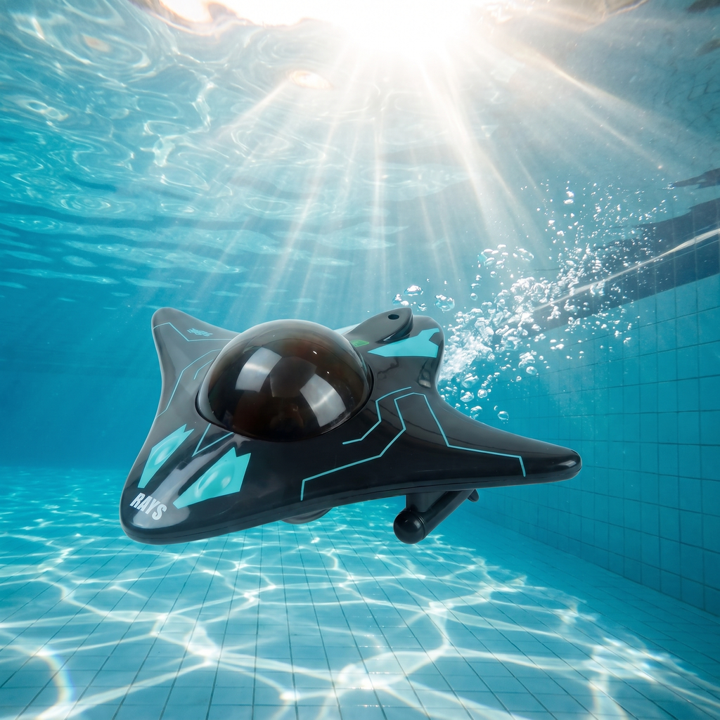 Black remote control submarine toy gliding underwater in a clear pool with sunbeams and a trail of bubbles