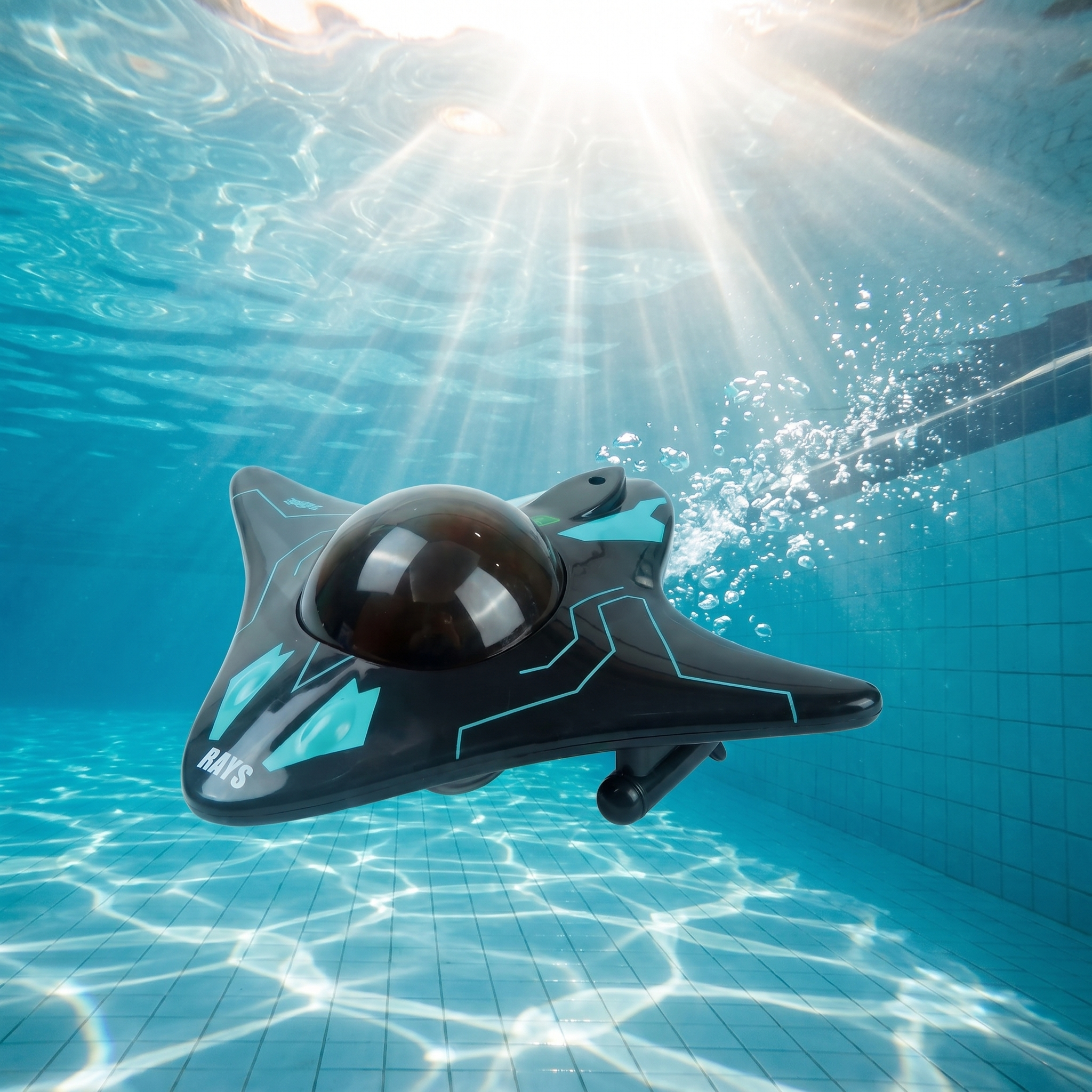 Black remote control submarine toy gliding underwater in a clear pool with sunbeams and a trail of bubbles
