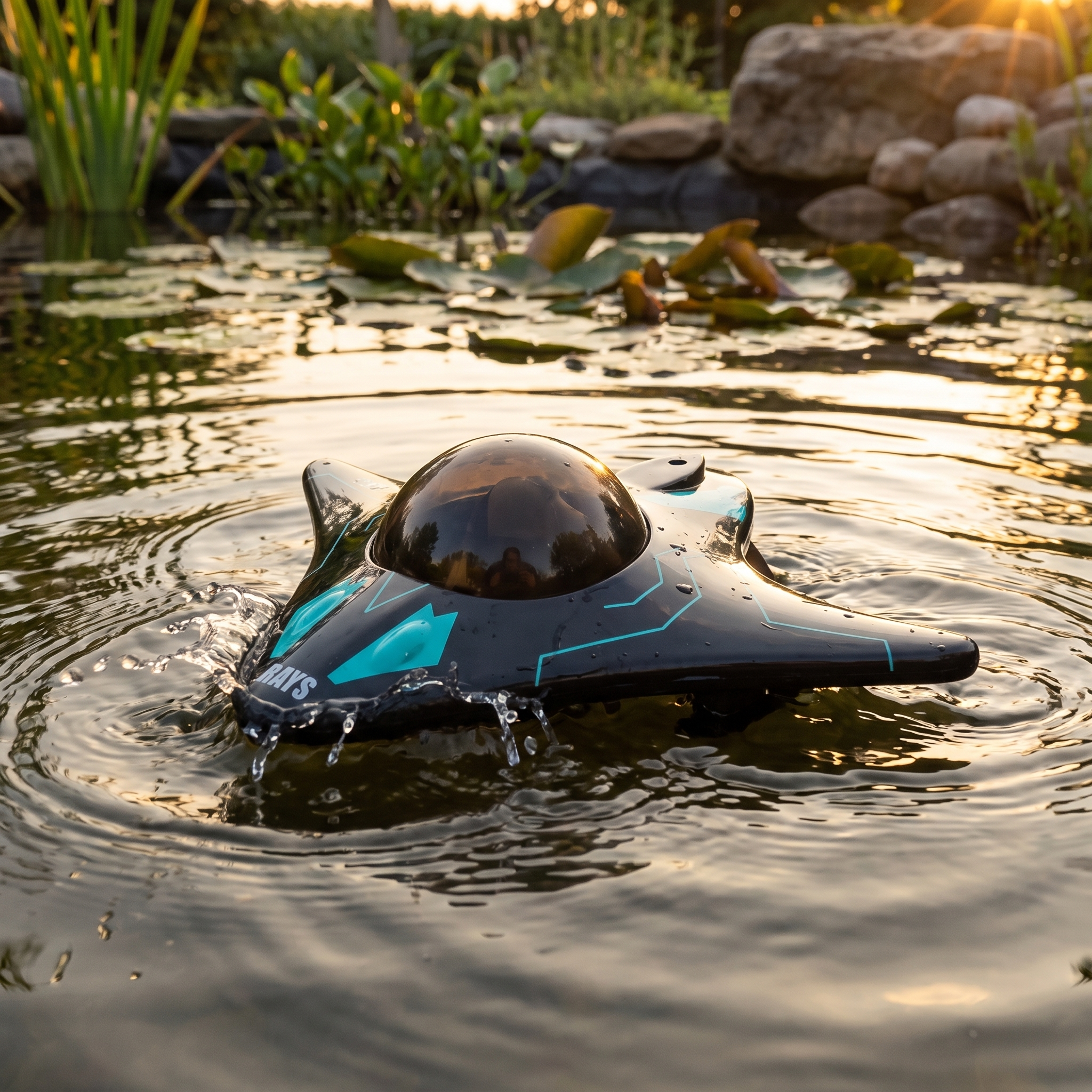 Black remote control submarine toy surfacing in a garden pond with a small splash in evening light