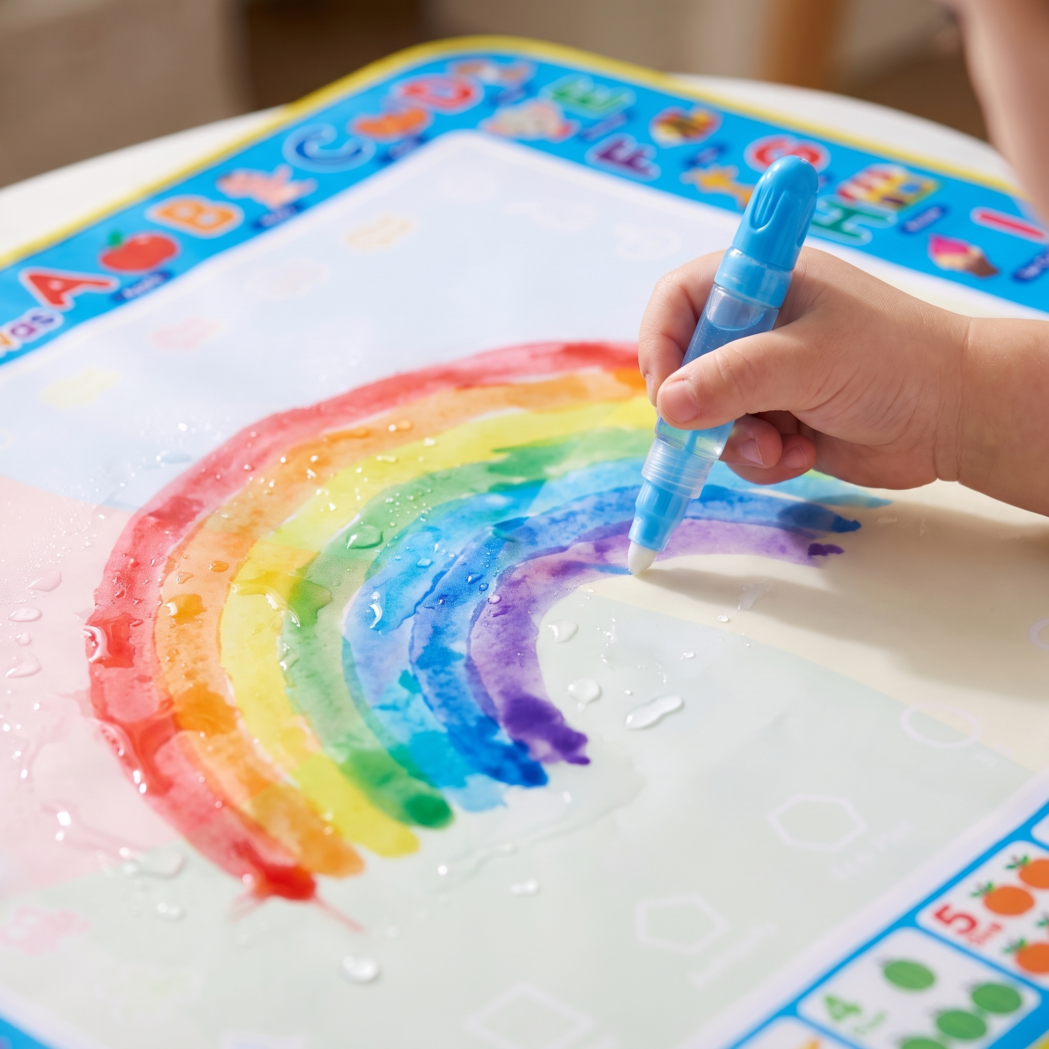 Toddler hand drawing a watercolor rainbow with the water pen on the white center of the drawing mat