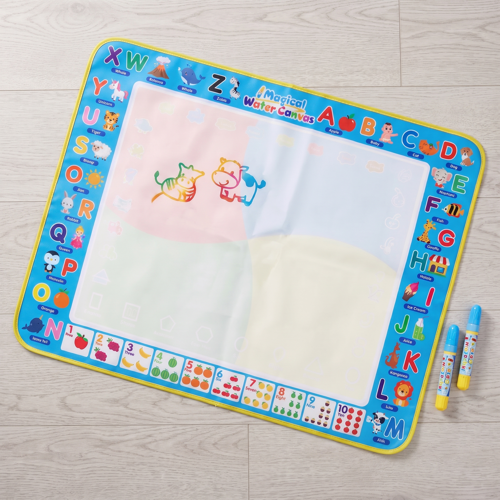 Overhead flat-lay of the open water drawing mat on a wood floor with two water pens beside it
