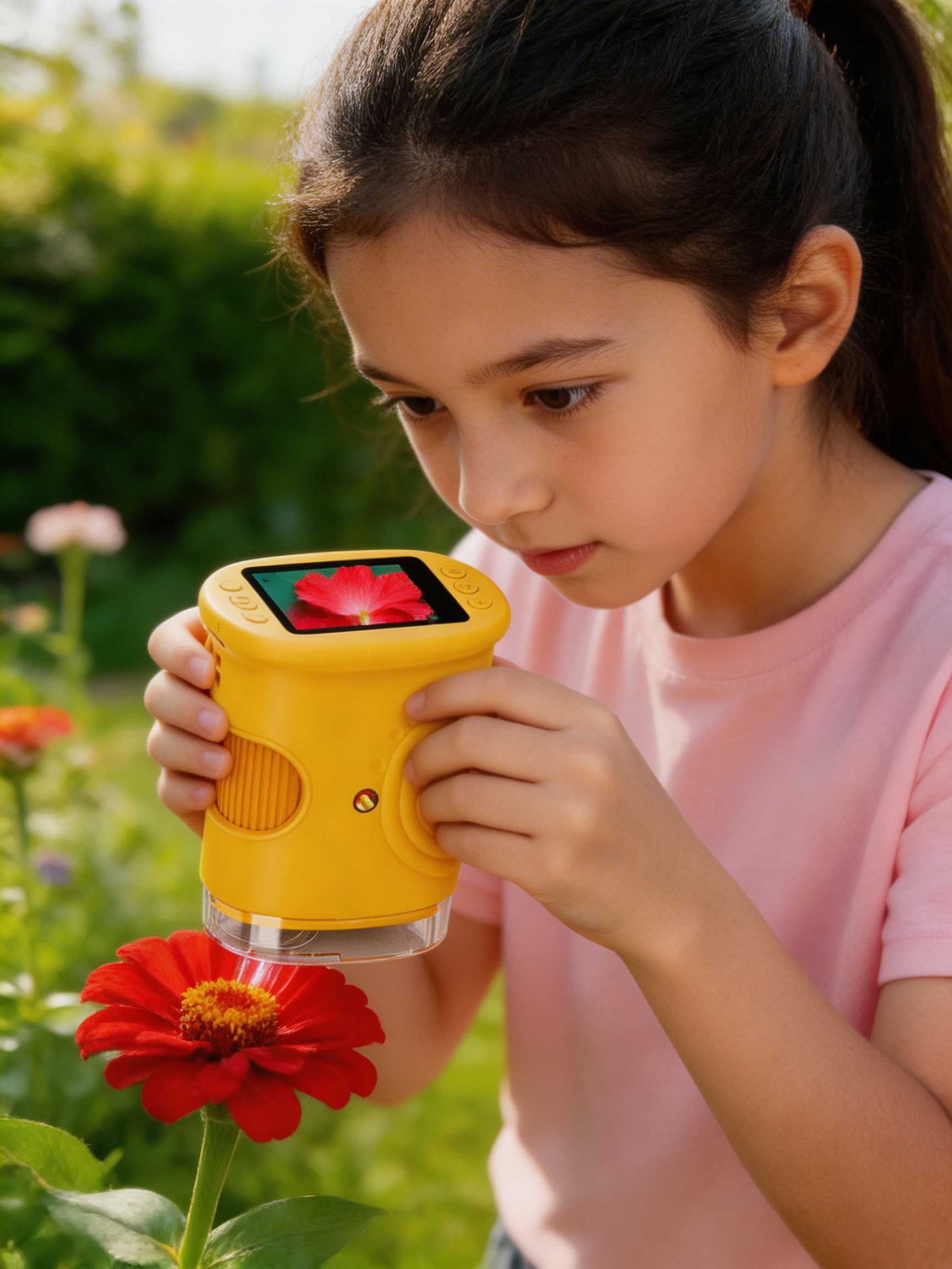 Girl using the DiscoverScope to look closely at a red flower