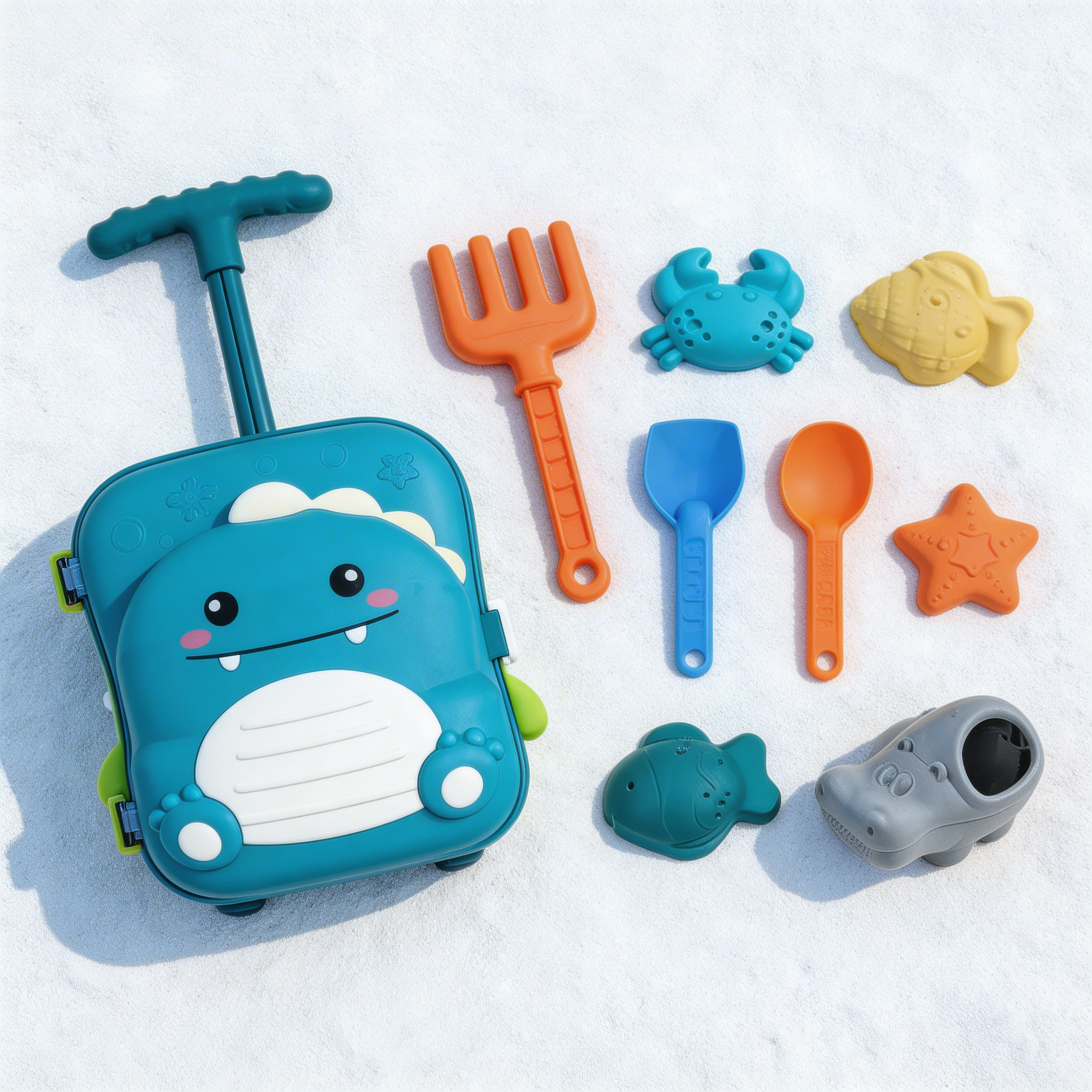 Dinosaur SandSplash rolling case with rake, shovel, spoon and animal molds on a white background