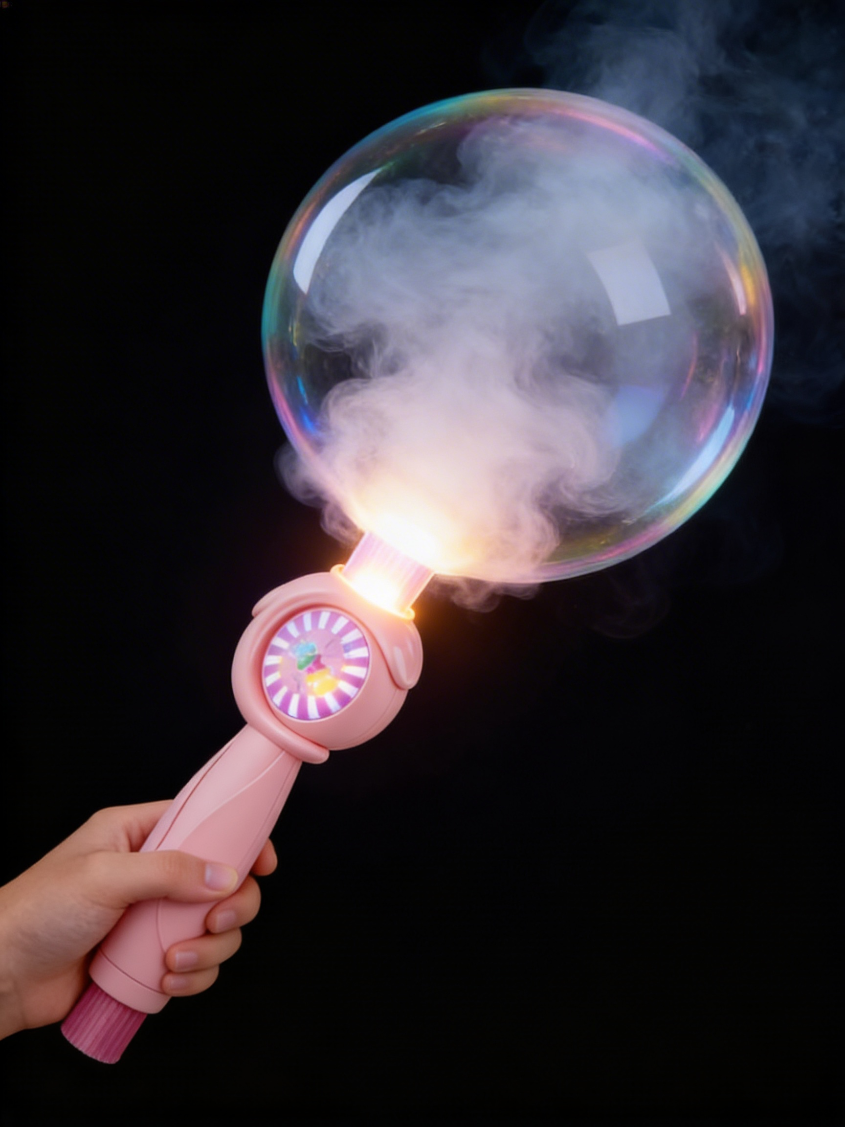 Hand holding a pink MysticWand blowing a giant fog-filled bubble