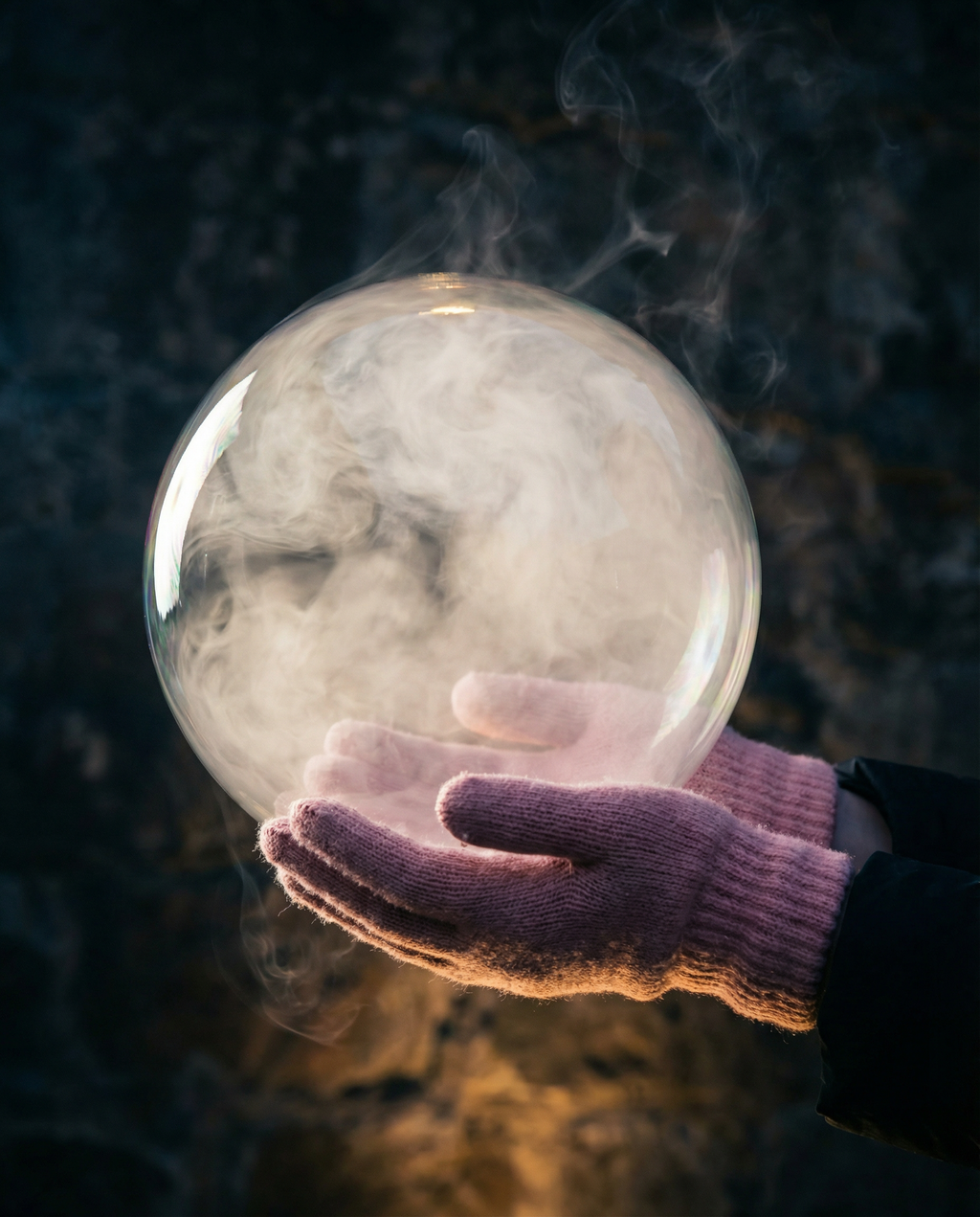 MysticWand bubble wand fog-filled bubble resting on gloved hands