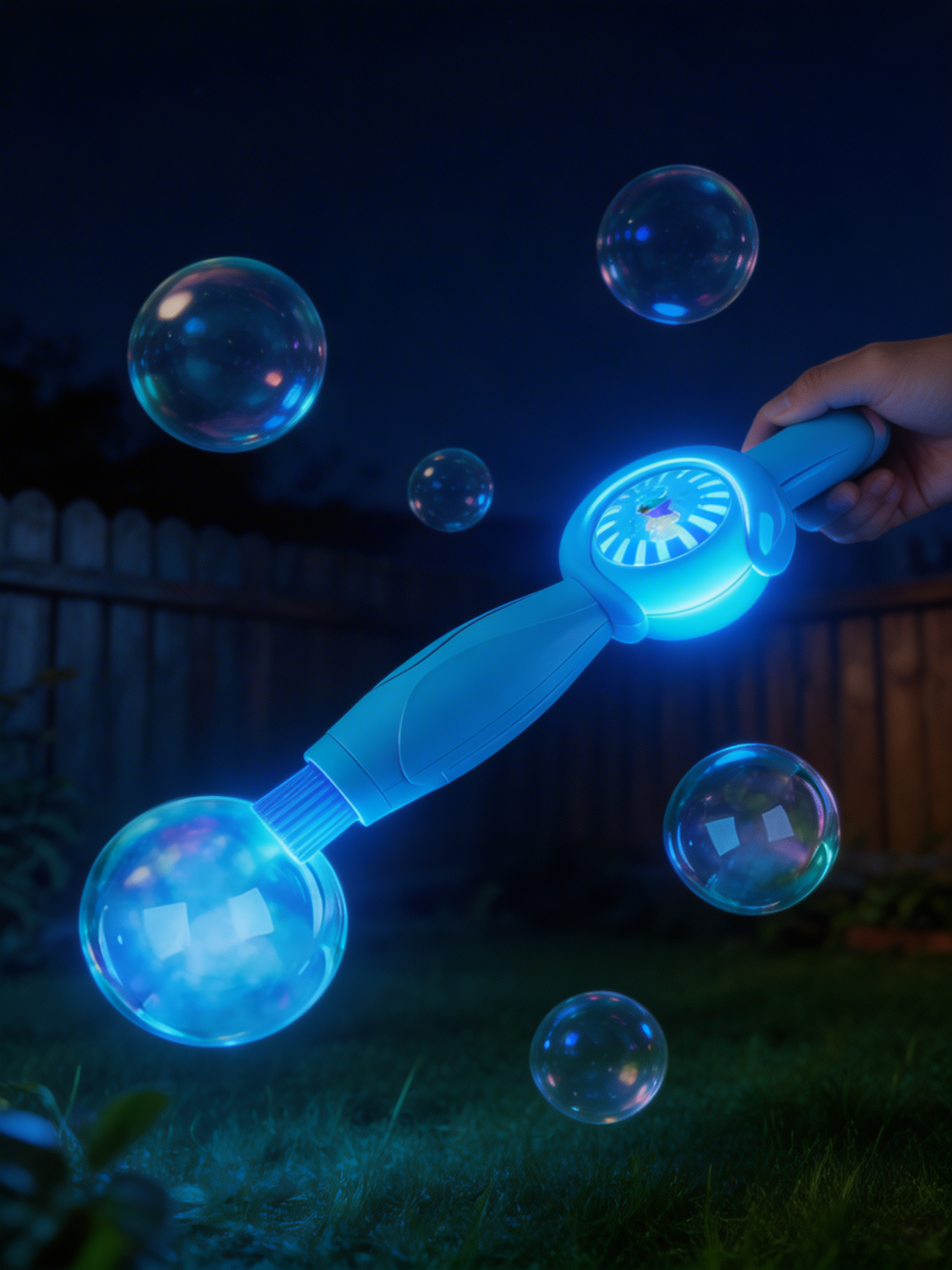 Blue MysticWand bubble wand glowing at night with floating bubbles