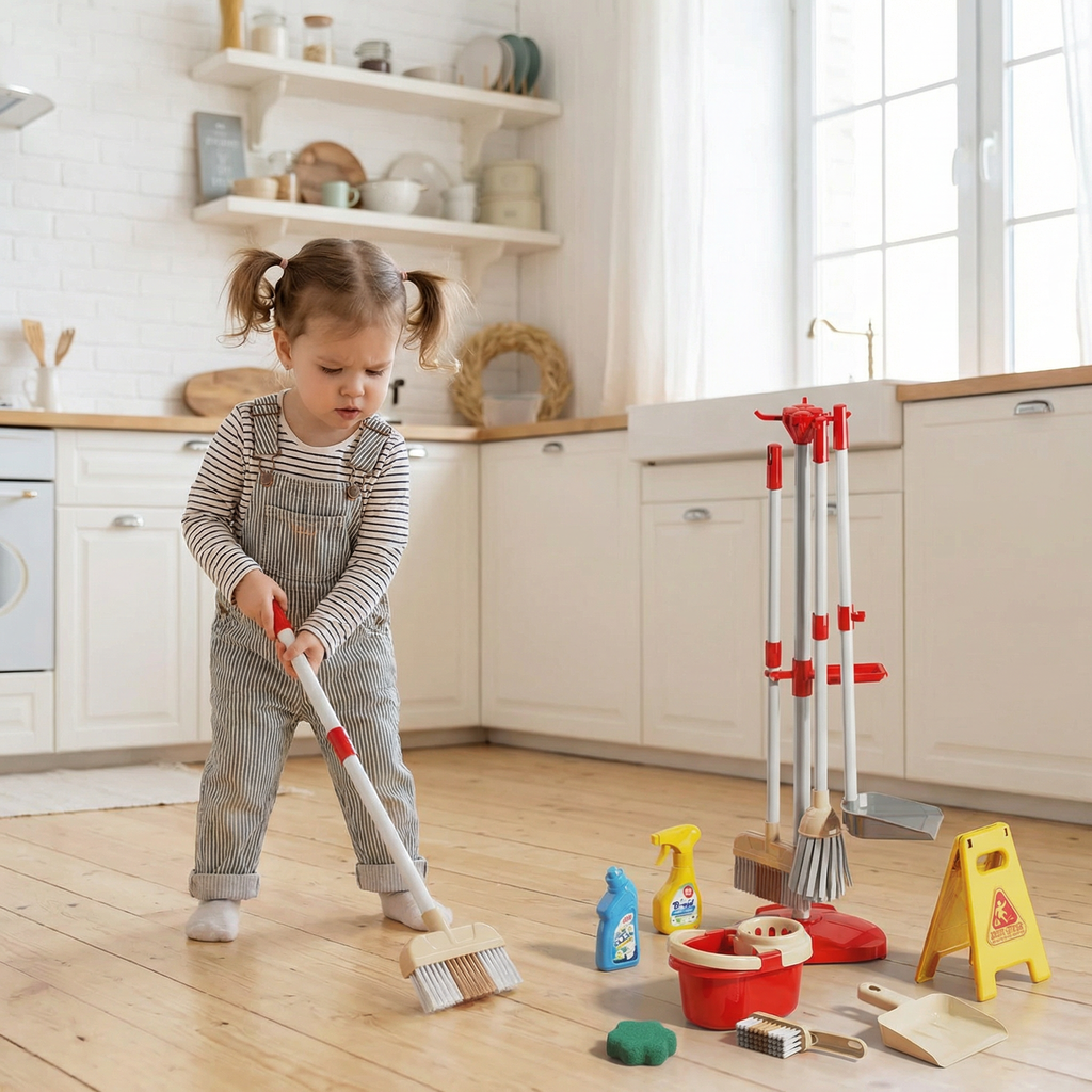 Toddler sweeping a kitchen floor with the red TidyTots child-size broom and dustpan