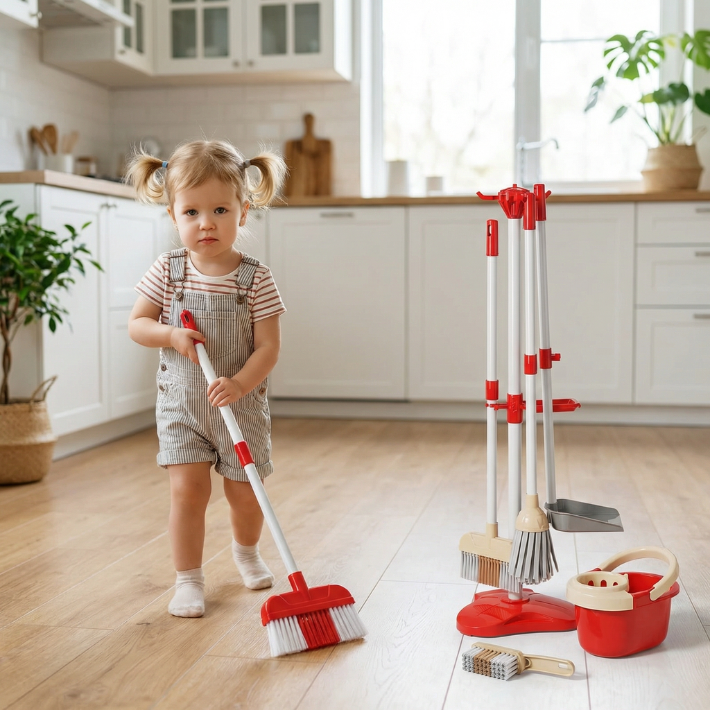 Little girl pushing the red TidyTots toy broom across a living-room floor