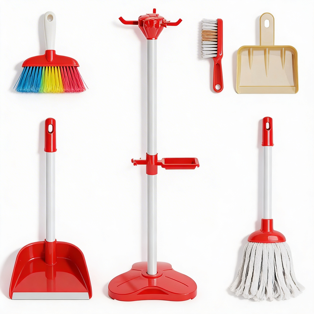 Red TidyTots set pieces on white: hand broom, brush, dustpans, hanging stand and toy mop
