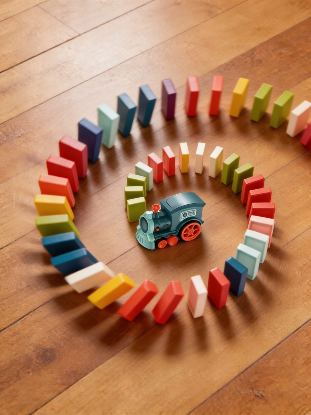 DominoExpress domino train set shown from the side with dominoes