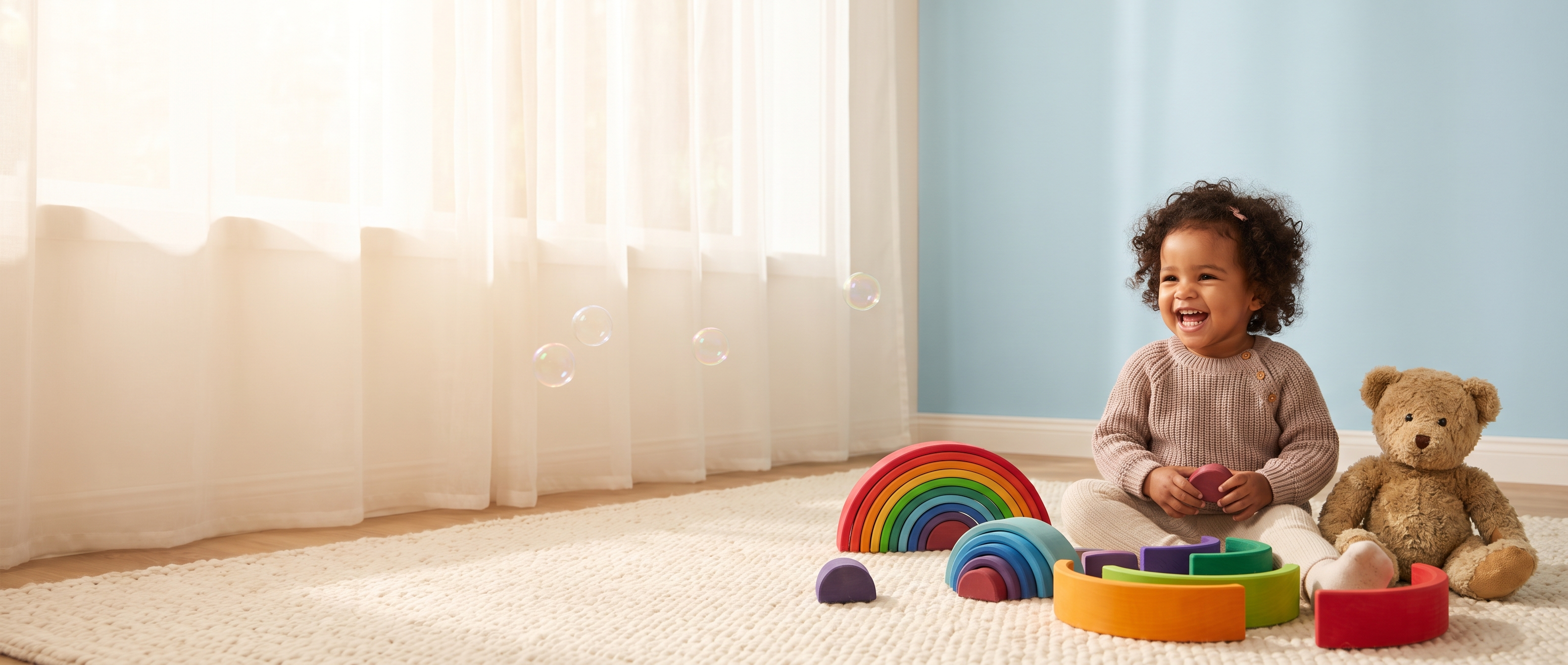 A laughing toddler girl playing with wooden rainbow stacking toys next to a teddy bear on a cream rug, with a bright sunlit window and pastel blue wall