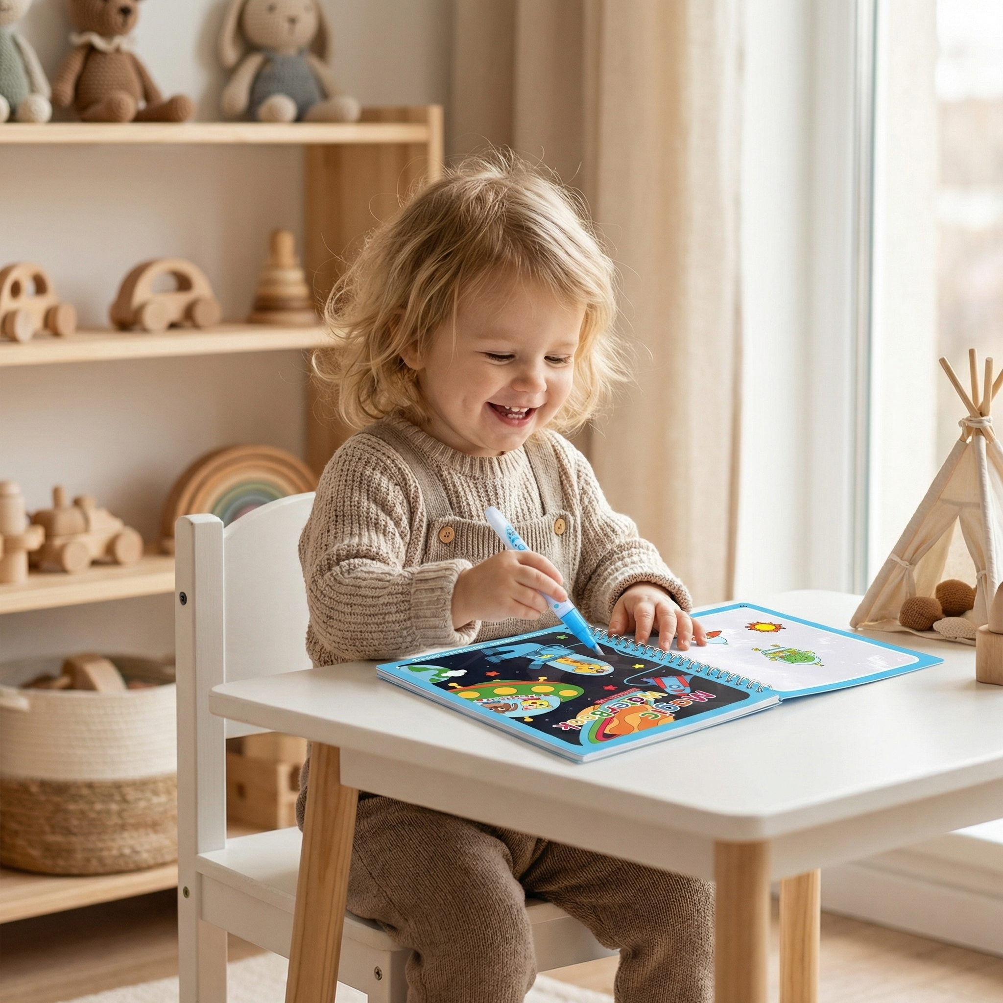 Child at table using AquaReveal coloring book